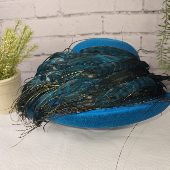 Blue Feathered Vintage Hat, 100% Wool Electric Blue With Esqusite Feather Detail - Picture 2 of 7